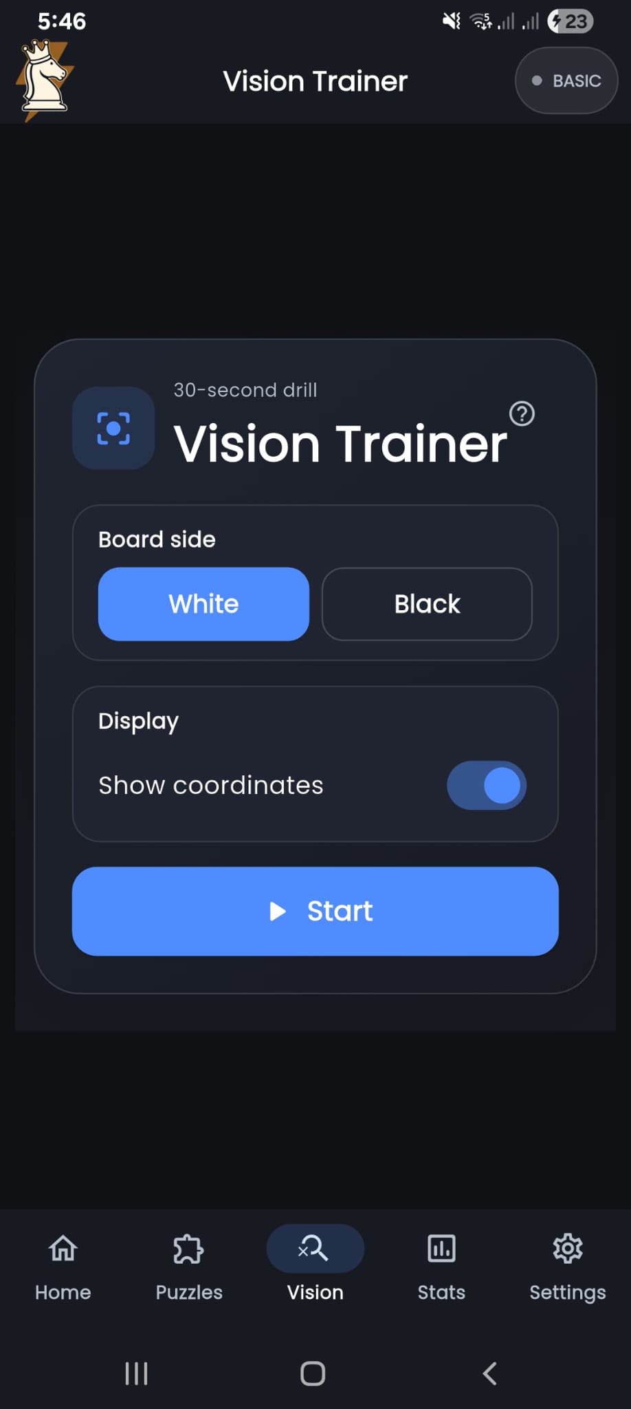 Vision trainer screen in TacticMax